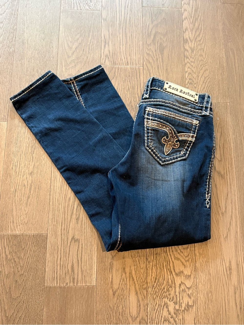 Rock Revival Skinny Jeans in Dark Blue with Embellished Back Pocket